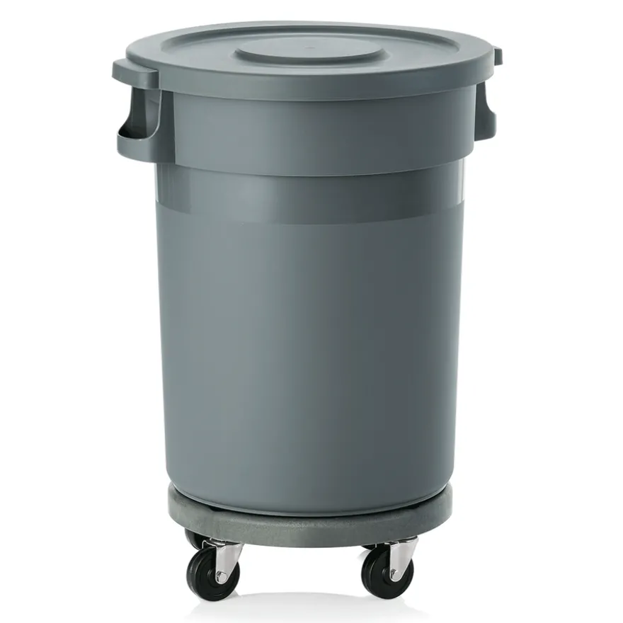Abfallbehälter mit Transporttrolley und Flachdeckel, 80 ltr., Ø 41 cm