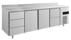 A&S Kühltisch -2 bis +8°C 2330x700x850mm mit 2x Türen, 1x zwei Schubladen und 1x 3 Schubladen u. Aufkantung (4DTTZA)