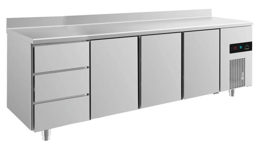 A&S Kühltisch -2 bis +8°C 2330x700x850mm mit 3x Tür und 2x drei Schubladen u. Aufkantung