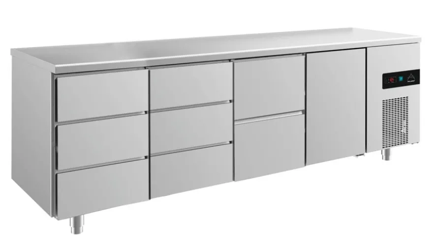 A&S Kühltisch -2 bis +8°C 2330x700x850mm mit 1x Tür, 1x zwei Schubladen und 2x 3 Schubladen (4DDZT)