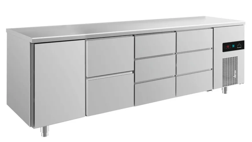 A&S Kühltisch -2 bis +8°C 2330x700x850mm mit 1x Tür, 1x zwei Schubladen und 2x 3 Schubladen (4TZDD)