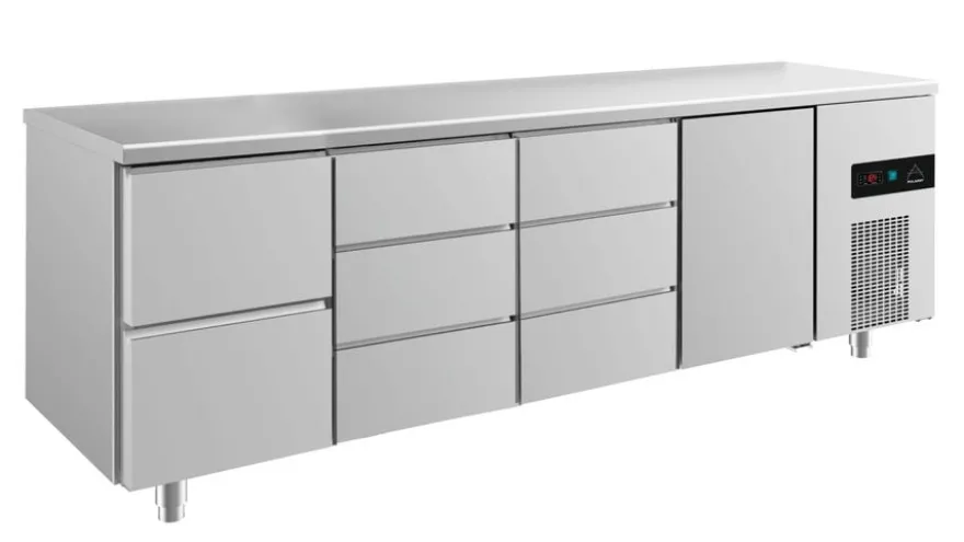 A&S Kühltisch -2 bis +8°C 2330x700x850mm mit 1x Tür, 1x zwei Schubladen und 2x 3 Schubladen (4ZDDT)