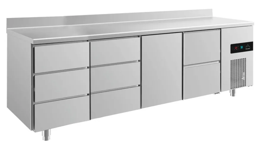 A&S Kühltisch -2 bis +8°C 2330x700x850mm mit 1x Tür, 1x zwei Schubladen und 2x 3 Schubladen u. Aufkantung (4DDTZA)