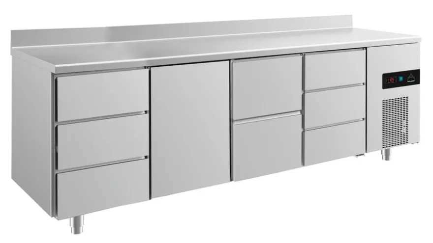 A&S Kühltisch -2 bis +8°C 2330x700x850mm mit 1x Tür, 1x zwei Schubladen und 2x 3 Schubladen u. Aufkantung (4DTZDA)