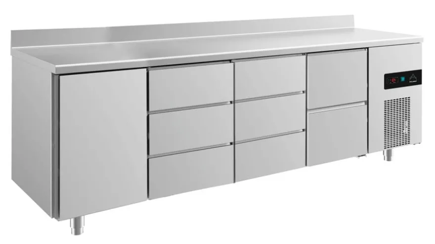 A&S Kühltisch -2 bis +8°C 2330x700x850mm mit 1x Tür, 1x zwei Schubladen und 2x 3 Schubladen u. Aufkantung (4TDDZA)
