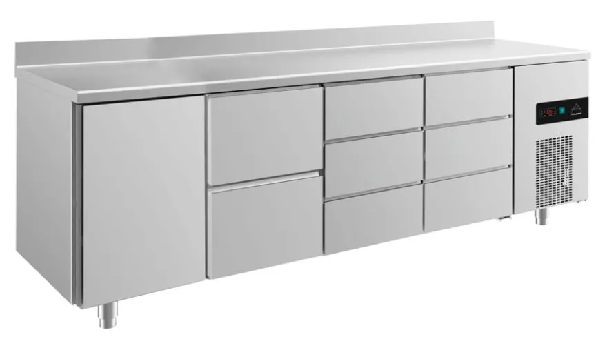 A&S Kühltisch -2 bis +8°C 2330x700x850mm mit 1x Tür, 1x zwei Schubladen und 2x 3 Schubladen u. Aufkantung (4TZDDA)