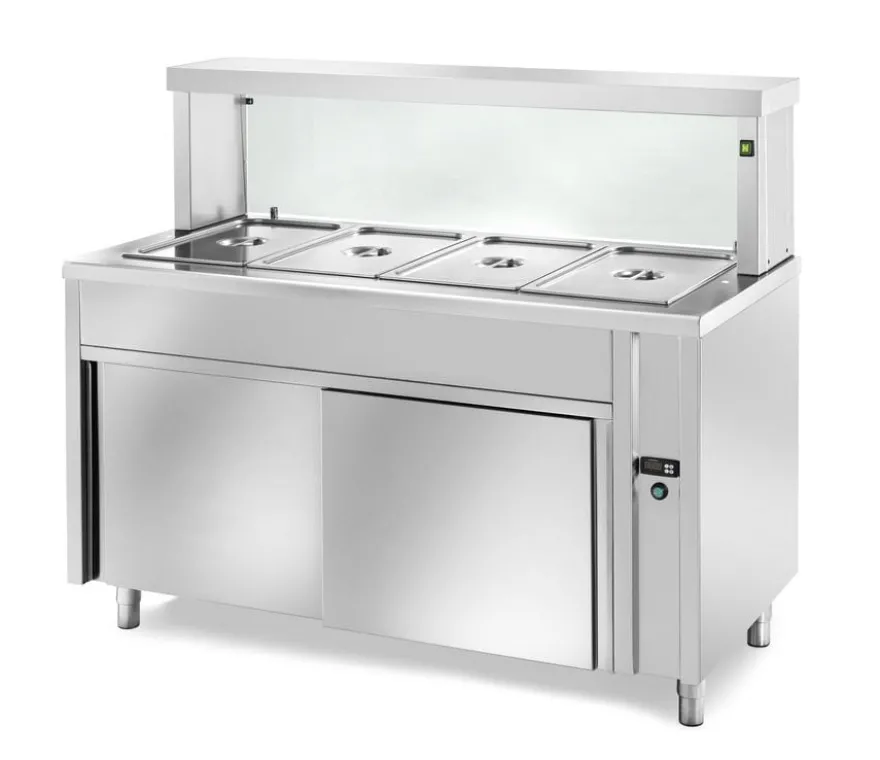 Ausgabe Warmhaltetisch PROFI neutral mit Schiebetüren und eckigem Glasaufsatz 1200x700x1300