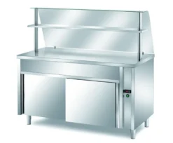 Ausgabe Warmhaltetisch PROFI neutral mit Schiebetüren, geheizter Oberplatte und Glasaufsatz 1200x700x1400