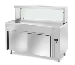Ausgabe Warmhaltetisch PROFI neutral mit Schiebetüren, geheizter Oberplatte und eckigem Glasaufsatz 2000x700x1300