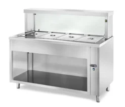 Ausgabe Warmhaltetisch PROFI neutral offen mit eckigem Glasaufsatz 1500x700x1300