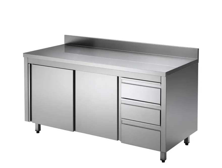 Edelstahl-Arbeitsschrank ECO mit Flügeltür und 3 Schubladen 12x6 mit Aufkantung