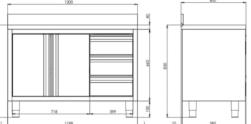 Edelstahl-Arbeitsschrank ECO mit Flügeltür und 3 Schubladen 12x6 mit Aufkantung