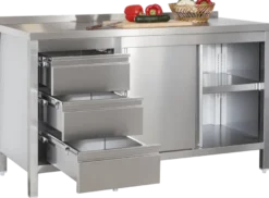 Edelstahl Arbeitsschrank Profi mit Schiebetüren - Aufkantung und 3 Schubladen 2000 x 700 x 850 mm