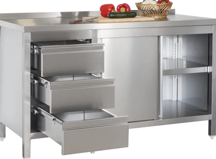 Edelstahl Arbeitsschrank Profi mit Schiebetüren - Aufkantung und 3 Schubladen 2000 x 700 x 850 mm