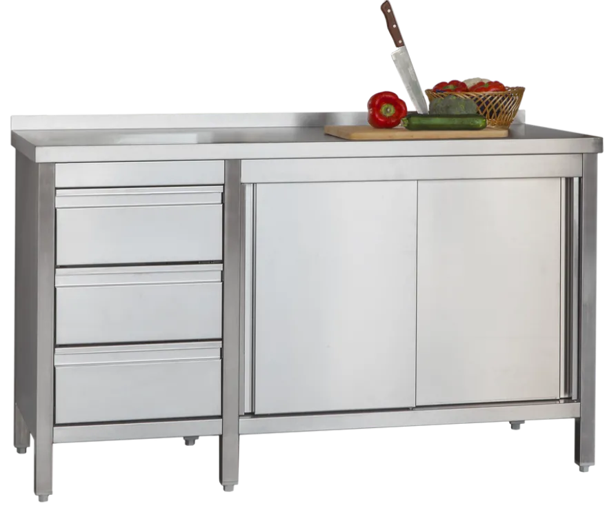 Edelstahl Arbeitsschrank Profi mit Schiebetüren - Aufkantung und 3 Schubladen 2000 x 700 x 850 mm