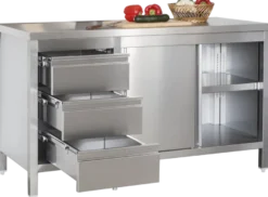 Edelstahl Arbeitsschrank Profi mit Schiebetüren und 3 Schubladen 1800 x 700 x 850 mm