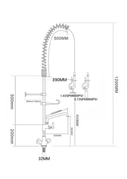Einloch-Geschirrwaschbrause mit verstellbarer Säule, Mischbatterie und Schwenkhahn - 1.200 mm