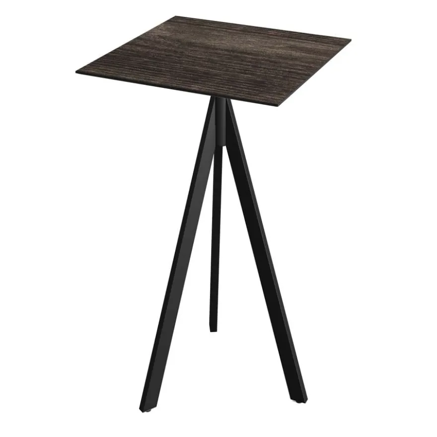 Feros Infinity Tripod Stehtisch Schwarz frame + Riverwashed Wood HPL 70x70 cm