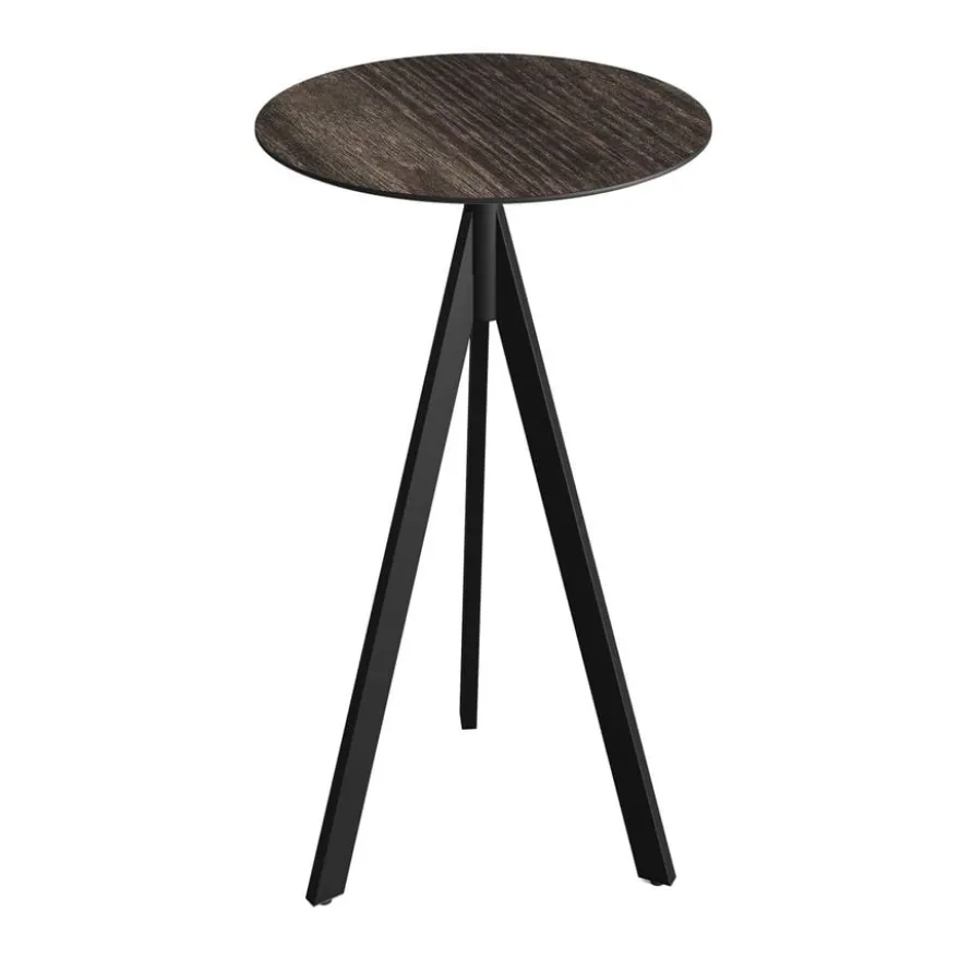 Feros Infinity Tripod Stehtisch Schwarz frame + Riverwashed Wood HPL Ø70 cm