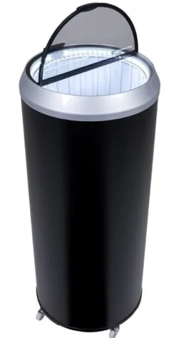 Gastro-Cool PT75 Party-Cooler / Kühltonne 73 Liter mit Glasdeckel & Schmuckrahmen Silber + LED, auf Rollen
