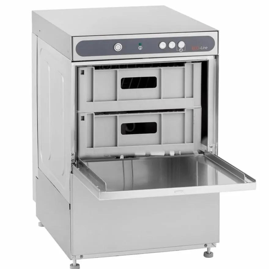 Gläserspülmaschine ECO 40x40 cm Korbmaß, mit Reiniger- & Klarspüldosierer, mit Ablaufpumpe & Enthärter, Made in Europe, 230 Volt