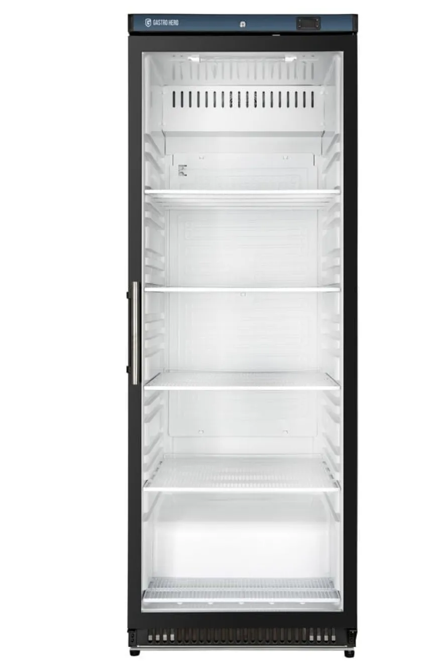 Lagerkühlschrank ECO 400 mit Glastür, Innenraum aus Kunststoff, schwarz