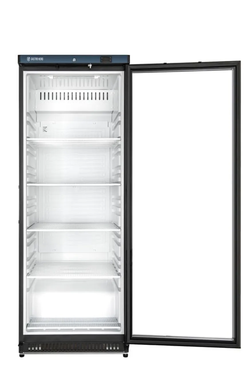 Lagerkühlschrank ECO 400 mit Glastür, Innenraum aus Kunststoff, schwarz