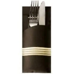 Papstar Bestecktasche Stripes - schwarz/creme inkl. farbiger Serviette