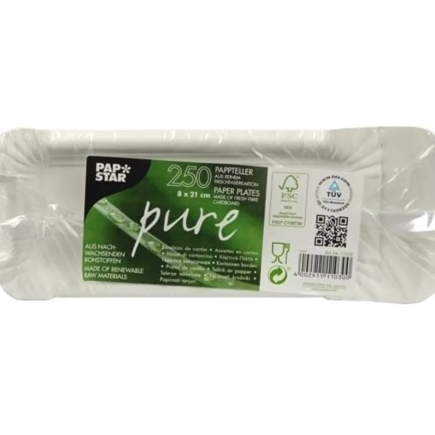 Papstar 250 Teller, Pappe "pure" eckig 8 cm x 21 cm weiss mit Anfasser