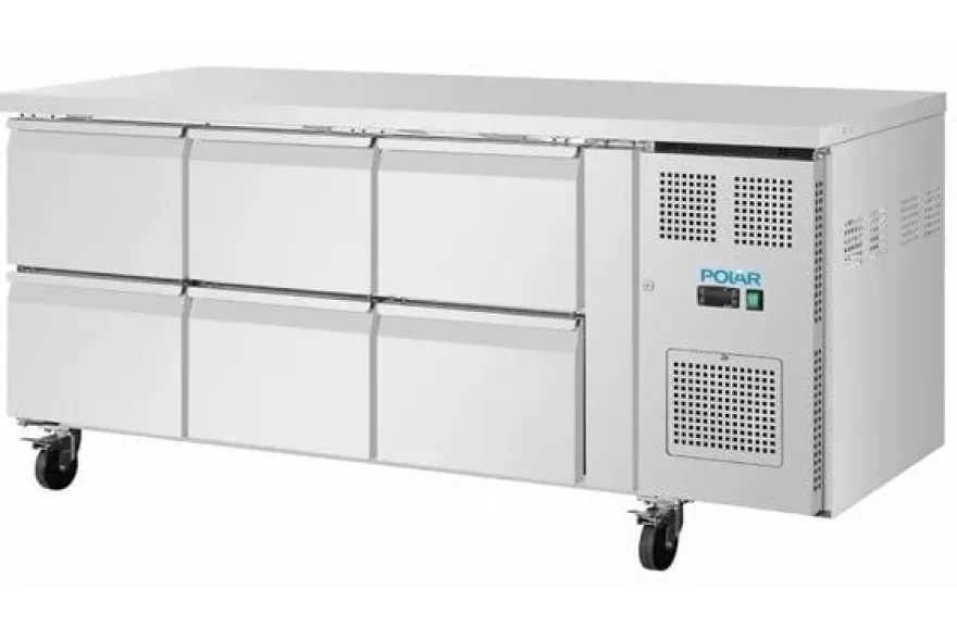 Polar U-Serie Kühltisch 6 Schubladen 465 Liter auf Rollen