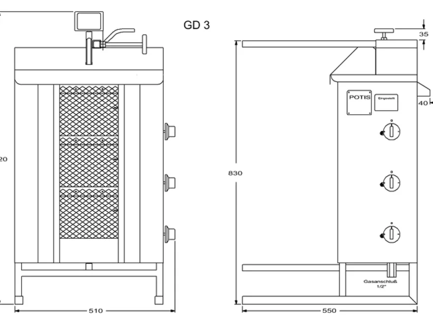 Potis Dönergrill / Gyrosgrill Propangas GD3 - achteckige Fettwanne