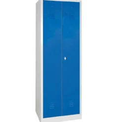 Putzmittelschrank mit Sockel, BxTxH 600x500x1800 mm, Korpus lichtgrau, Türen blau