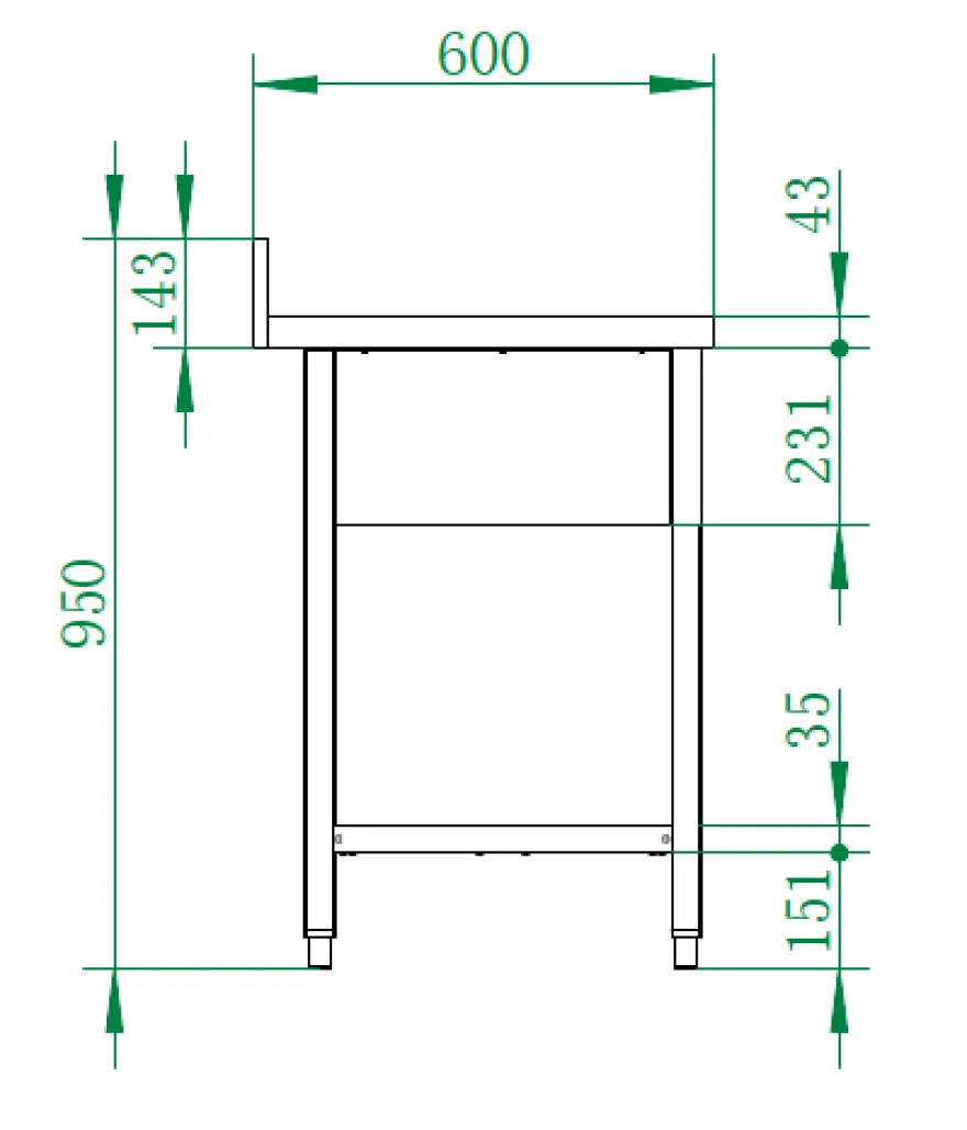 Spültisch Basic 16x6 mit 2 Becken links, Aufkantung und Grundboden