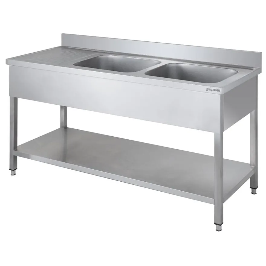 Spültisch Basic 16x6 mit 2 Becken rechts, Aufkantung und Grundboden